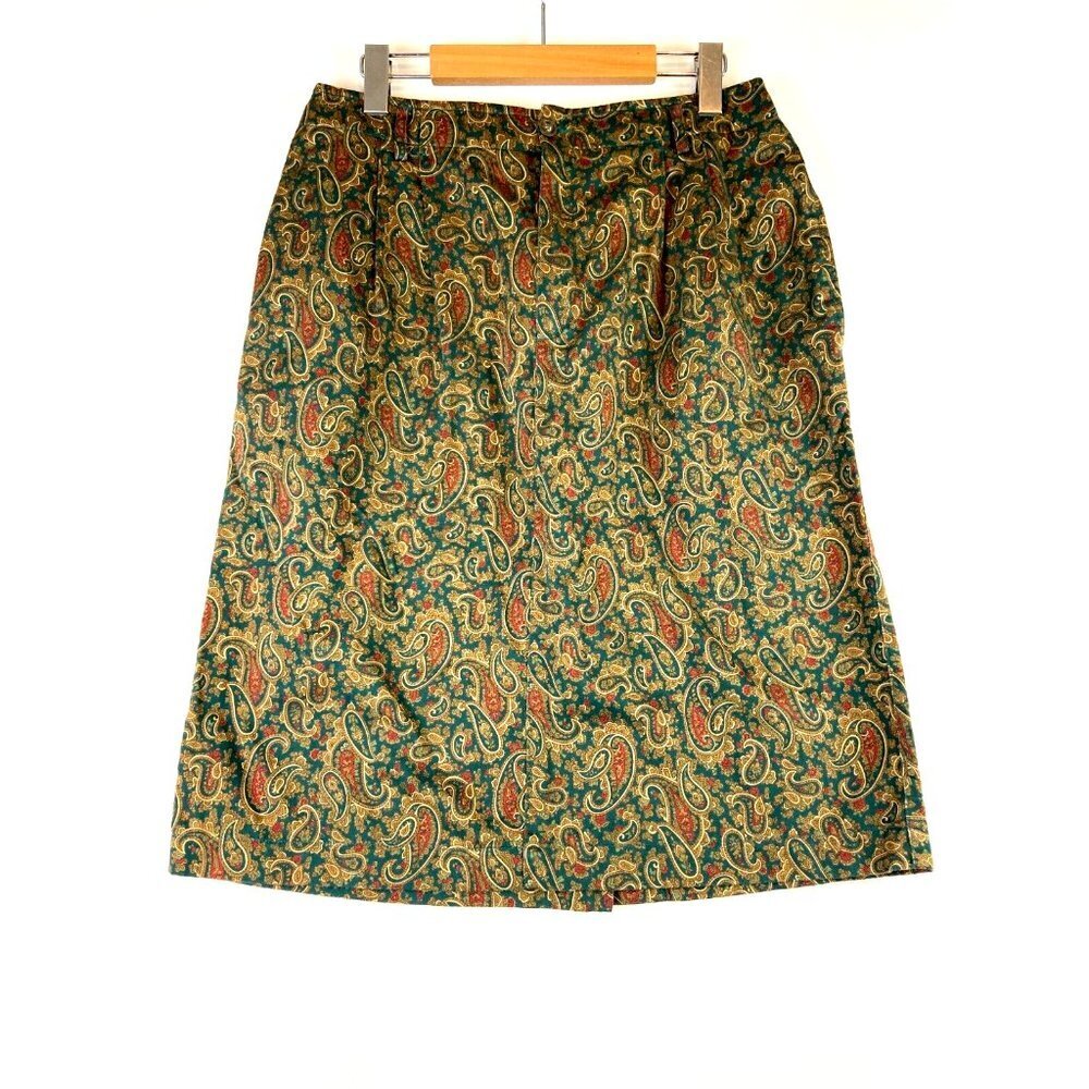 Liz Sport Women's Brown Green Paisley Midi Pencil Cotton Skirt Size 14